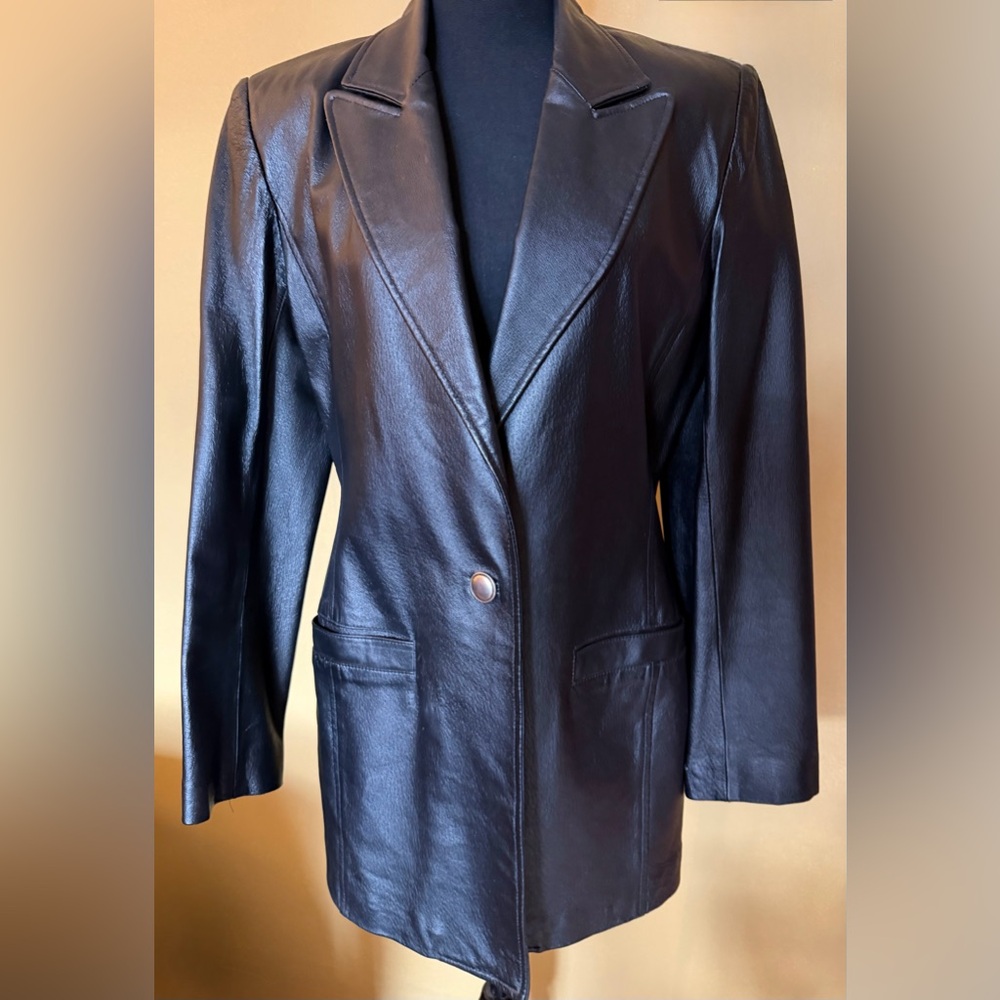 Women's Long Black Leather Blazer